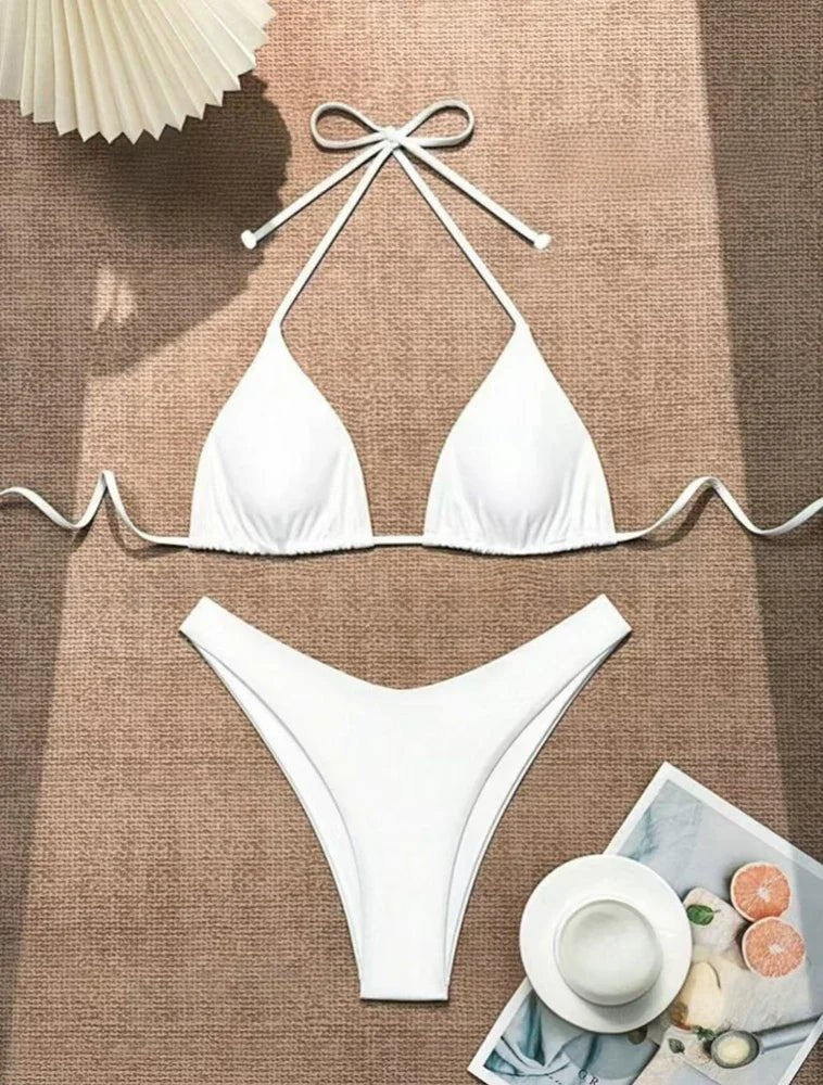 2025 New Bikini Set Women Sexy Simple Solid White/Black/Coffee Halter Bikini Swimsuit Lace Up Brazilian Beach Bathing Suit - Flawda Baby Enterprises