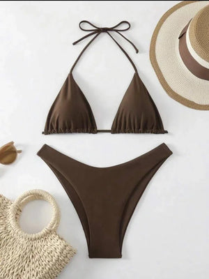 2025 New Bikini Set Women Sexy Simple Solid White/Black/Coffee Halter Bikini Swimsuit Lace Up Brazilian Beach Bathing Suit - Flawda Baby Enterprises