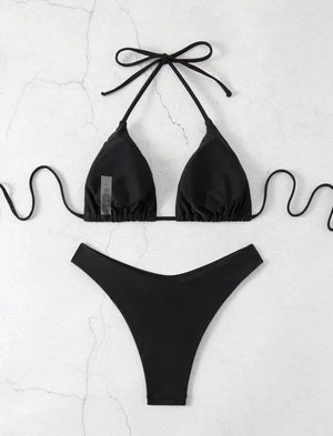 2025 New Bikini Set Women Sexy Simple Solid White/Black/Coffee Halter Bikini Swimsuit Lace Up Brazilian Beach Bathing Suit - Flawda Baby Enterprises