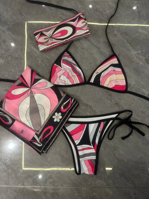 2025 striped bikini women scarf swimwear sarong swimsuit headband beachwear colorful bathing suit - Flawda Baby Enterprises