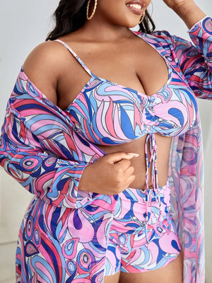 3 Pieces Large Size Bikini 2025 Printed Swimsuit Women & Kimono Drawstring Front Swimwear Female Bathing Swimming Suit Beachwear - Flawda Baby Enterprises
