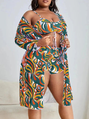 3 Pieces Large Size Bikini 2025 Printed Swimsuit Women & Kimono Drawstring Front Swimwear Female Bathing Swimming Suit Beachwear - Flawda Baby Enterprises