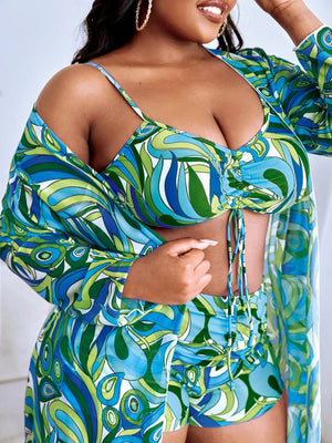 3 Pieces Large Size Bikini 2025 Printed Swimsuit Women & Kimono Drawstring Front Swimwear Female Bathing Swimming Suit Beachwear - Flawda Baby Enterprises