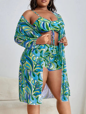 3 Pieces Large Size Bikini 2025 Printed Swimsuit Women & Kimono Drawstring Front Swimwear Female Bathing Swimming Suit Beachwear - Flawda Baby Enterprises
