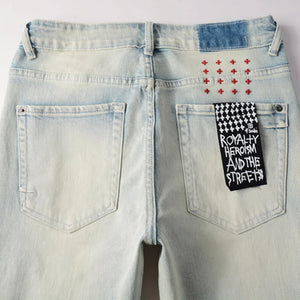 KSUBI Cross Jeans High Street Red Cross Embroidery Logo Low Rise Jeans Men's Women's Streetwear Metal Button Slim Stretch Jeans