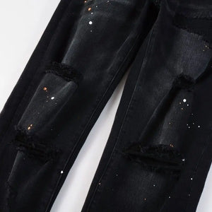 Purple New Men's Knee Ripped Straight Jeans American High Street Inkjet Black Stretch MEN JEANS