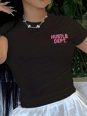 Hustle Dupt Letter Print Women Simple T-shirt Casual Crew Neck Short Sleeve Summer T-shirt Women Clothing