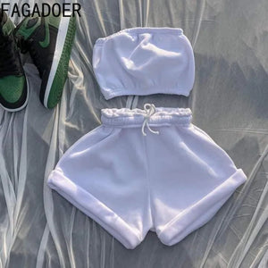 FAGADOER Summer New Solid Color Lace Up Tracksuits Women Sleeveless Backless Tube And Shorts Two Piece Sets Casual 2pcs Outfits