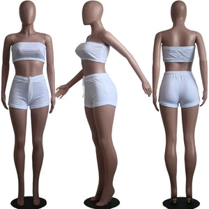 FAGADOER Summer New Solid Color Lace Up Tracksuits Women Sleeveless Backless Tube And Shorts Two Piece Sets Casual 2pcs Outfits