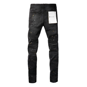 Purple New Men's Knee Ripped Straight Jeans American High Street Inkjet Black Stretch MEN JEANS