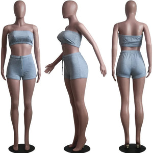 FAGADOER Summer New Solid Color Lace Up Tracksuits Women Sleeveless Backless Tube And Shorts Two Piece Sets Casual 2pcs Outfits
