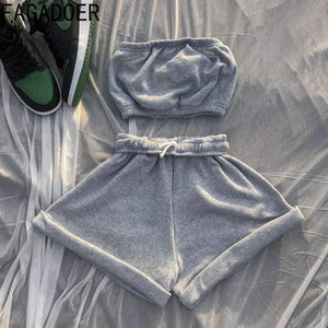 FAGADOER Summer New Solid Color Lace Up Tracksuits Women Sleeveless Backless Tube And Shorts Two Piece Sets Casual 2pcs Outfits