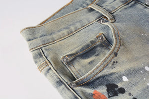 New Purples 2024 Men jeans with top street distressed paint repair low raise Skinny Denim brands pants