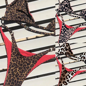 Sexy Leopard Bikini Suit Women Strap Push Up Swimsuit Three Points Bikini Low Waist Swimwear Women Summer Backless Beachwear