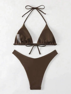 2025 New Bikini Set Women Sexy Simple Solid White/Black/Coffee Halter Bikini Swimsuit Lace Up Brazilian Beach Bathing Suit