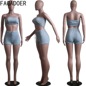 FAGADOER Summer New Solid Color Lace Up Tracksuits Women Sleeveless Backless Tube And Shorts Two Piece Sets Casual 2pcs Outfits