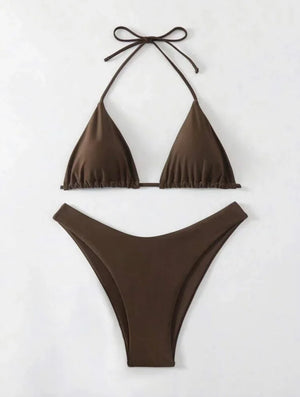 2025 New Bikini Set Women Sexy Simple Solid White/Black/Coffee Halter Bikini Swimsuit Lace Up Brazilian Beach Bathing Suit