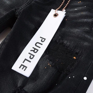 Purple New Men's Knee Ripped Straight Jeans American High Street Inkjet Black Stretch MEN JEANS