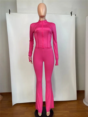 Autumn Winter Sports Outfits for Women 2 Piece Set Casual Zip Patchwork Jacket Top Top + Bodycon Pants Suits