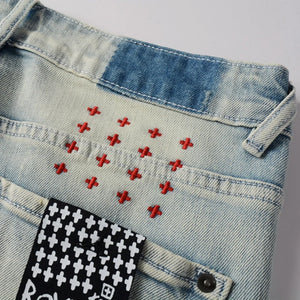 KSUBI Cross Jeans High Street Red Cross Embroidery Logo Low Rise Jeans Men's Women's Streetwear Metal Button Slim Stretch Jeans