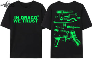 LE Gun Tshirt Mens Y2K In Draco We Trust Letter Print Summer T-shirt High Quality Harajuku Couple Streetwear Tees