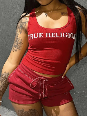 Crop Tops Summer Ribbed 2 Piece Pant Set Outfits Women Y2K Streetwear Sexy Club Graphic Crop Shirts Two Piece Set Shorts Pant - Flawda Baby Enterprises