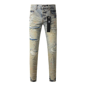 New Purples 2024 Men jeans with top street distressed paint repair low raise Skinny Denim brands pants - Flawda Baby Enterprises