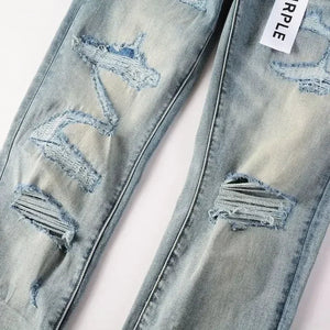 Purple high street men's jeans with foreign trade Slim hole design, trendy small leg stretch pants for men's fashion - Flawda Baby Enterprises