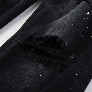 Purple New Men's Knee Ripped Straight Jeans American High Street Inkjet Black Stretch MEN JEANS - Flawda Baby Enterprises