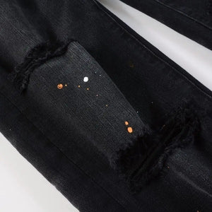 Purple New Men's Knee Ripped Straight Jeans American High Street Inkjet Black Stretch MEN JEANS - Flawda Baby Enterprises