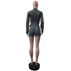 Sexy Denim Womens 2 Two Piece Set Stretchy Long Sleeve Zip Up Slim Jackets and Shorts Suits Y2k Streetwear Belt Jean Outfit Sets - Flawda Baby Enterprises