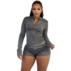 Sexy Denim Womens 2 Two Piece Set Stretchy Long Sleeve Zip Up Slim Jackets and Shorts Suits Y2k Streetwear Belt Jean Outfit Sets - Flawda Baby Enterprises