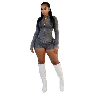 Sexy Denim Womens 2 Two Piece Set Stretchy Long Sleeve Zip Up Slim Jackets and Shorts Suits Y2k Streetwear Belt Jean Outfit Sets - Flawda Baby Enterprises