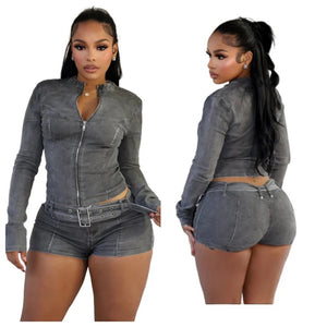 Sexy Denim Womens 2 Two Piece Set Stretchy Long Sleeve Zip Up Slim Jackets and Shorts Suits Y2k Streetwear Belt Jean Outfit Sets - Flawda Baby Enterprises