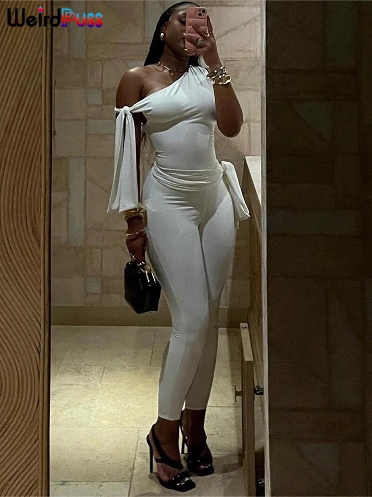 Weird Puss Chic Elegant 2 Piece Set Women Tracksuit Skew Collar Ribbon Tank Tsop+Leggings Casual Skinny Stretch Matching Outfits - Flawda Baby Enterprises