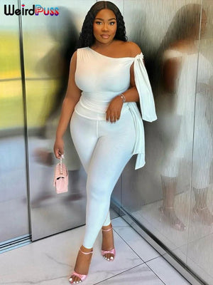 Weird Puss Chic Elegant 2 Piece Set Women Tracksuit Skew Collar Ribbon Tank Tsop+Leggings Casual Skinny Stretch Matching Outfits - Flawda Baby Enterprises