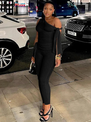 Weird Puss Chic Elegant 2 Piece Set Women Tracksuit Skew Collar Ribbon Tank Tsop+Leggings Casual Skinny Stretch Matching Outfits - Flawda Baby Enterprises