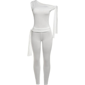 Weird Puss Chic Elegant 2 Piece Set Women Tracksuit Skew Collar Ribbon Tank Tsop+Leggings Casual Skinny Stretch Matching Outfits - Flawda Baby Enterprises