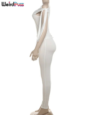 Weird Puss Chic Elegant 2 Piece Set Women Tracksuit Skew Collar Ribbon Tank Tsop+Leggings Casual Skinny Stretch Matching Outfits - Flawda Baby Enterprises